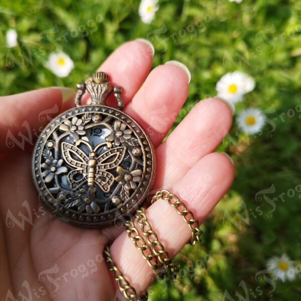 pocket watch necklace butterfly flower WF Pocket Watch Necklace - Butterfly